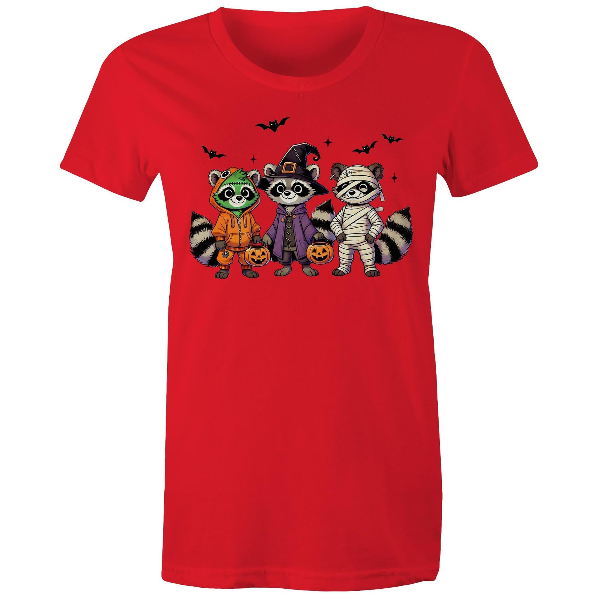 Halloween Raccoons - Womens T-shirt Red Womens T-shirt Halloween Printed In Australia