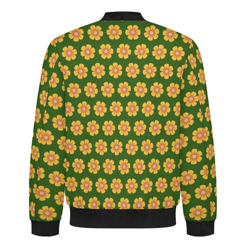 Yellow Flowers On Green Men's Casual Zip‑Up Bomber Jacket