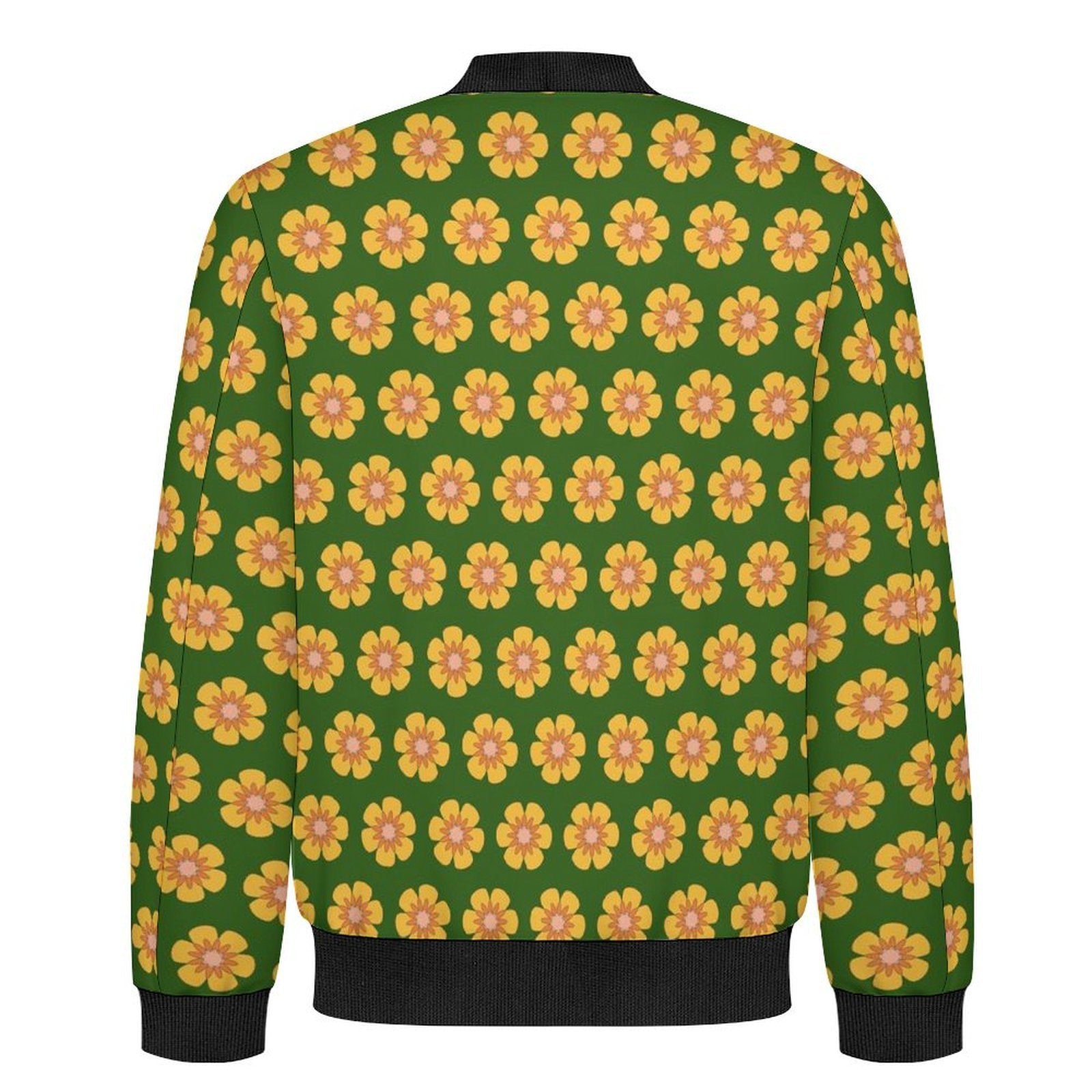 Yellow Flowers On Green Men's Casual Zip‑Up Bomber Jacket