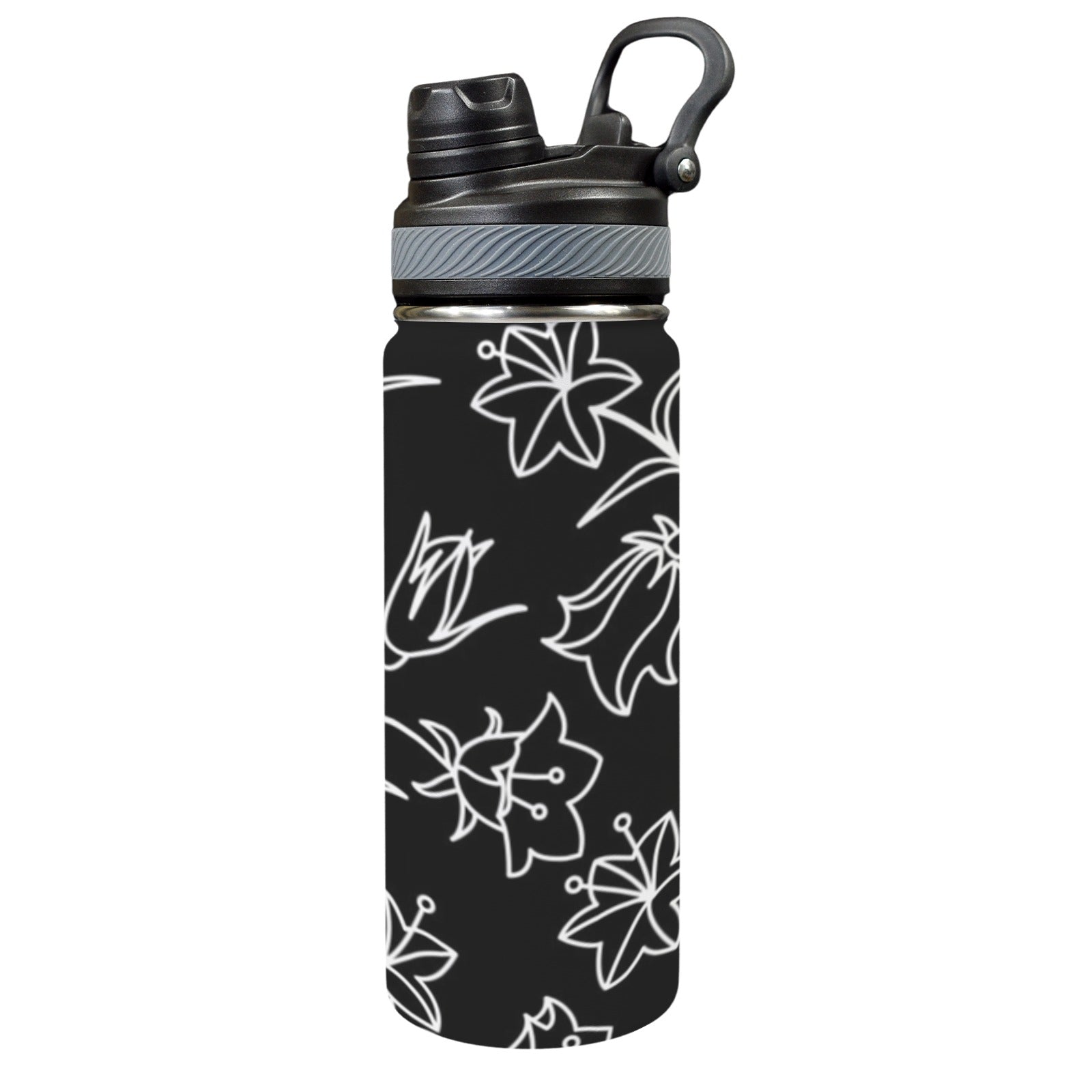 Black And White Floral - Insulated Water Bottle with Dual-Use Lid (18oz) One Size Insulated Water Bottle with Dual-Use Lid (18oz) Plants Printed Offshore