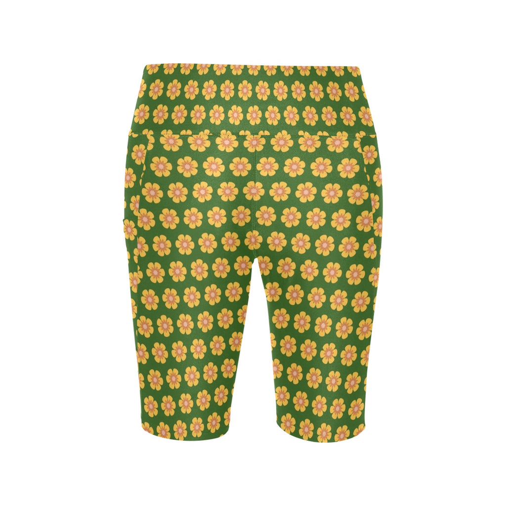 Yellow Flowers On Green Women's Bike Shorts With Side Pockets