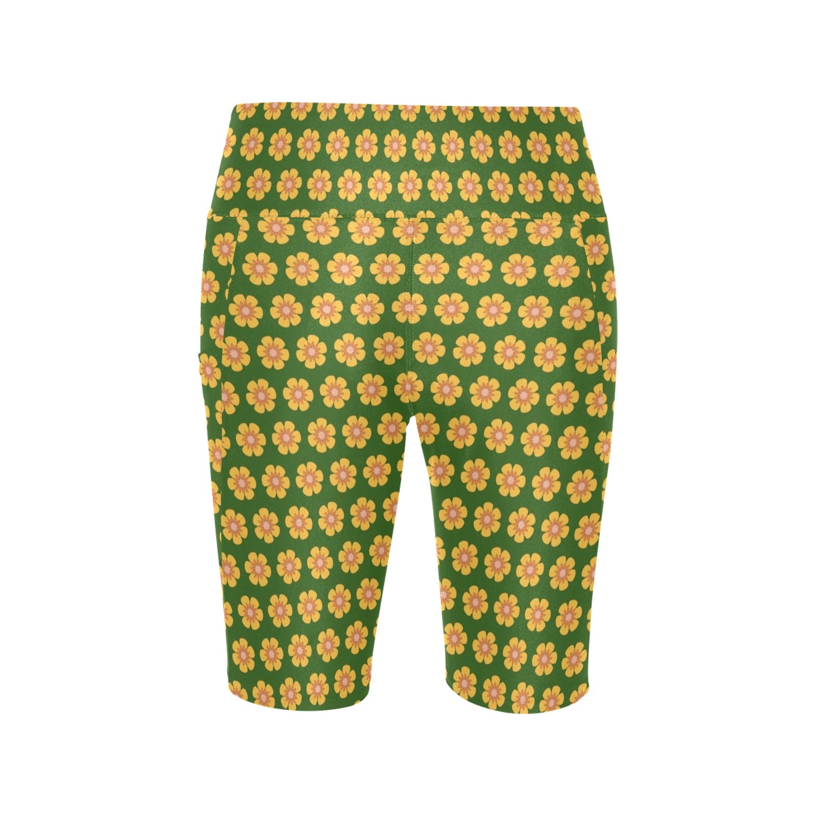Yellow Flowers On Green Women's Bike Shorts With Side Pockets