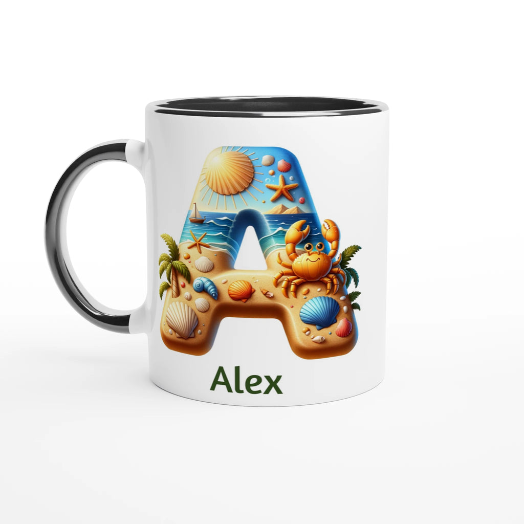 Personalised - Summer Beach Initials - White 11oz Ceramic Mug with Colour Inside Ceramic Black Personalised 11oz Mug Customise Globally Fulfilled Personalise