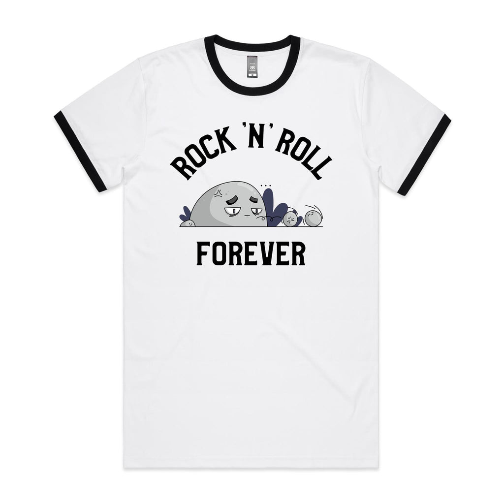 Rock And Roll Forever - Staple Ringer Tee White Black Ringer T-Shirt Music Printed In Australia