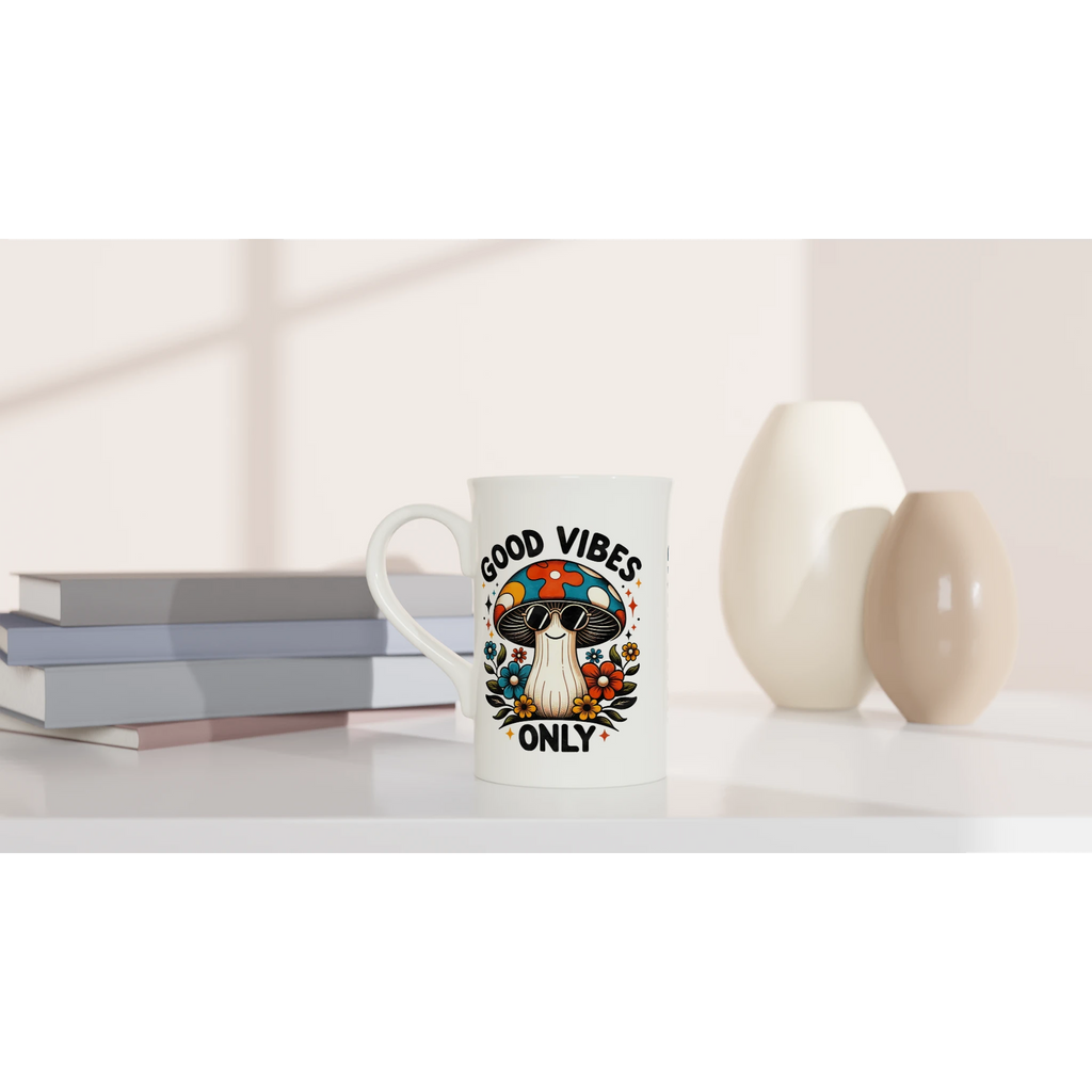 Personalised Good Vibes Only, Hippie Mushroom With Sunglasses White 10oz Porcelain Slim Mug Personalised Porcelain Mug Globally Fulfilled