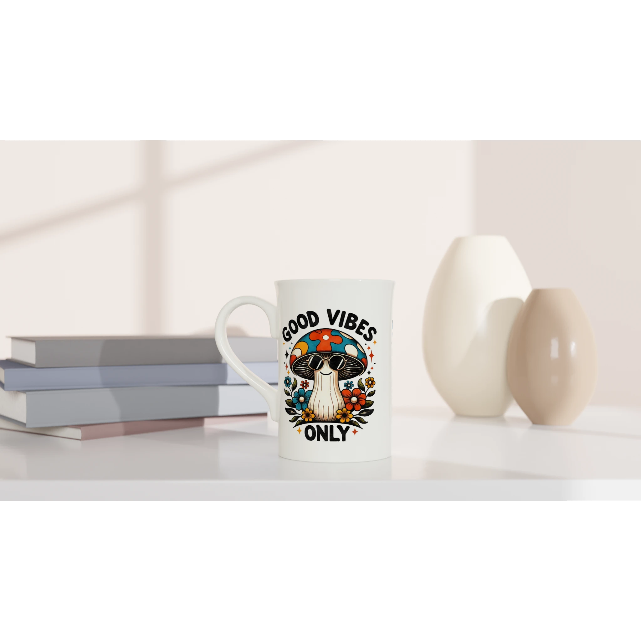 Personalised - Good Vibes Only, Hippie Mushroom With Sunglasses - White 10oz Porcelain Slim Mug Personalised Porcelain Mug Globally Fulfilled