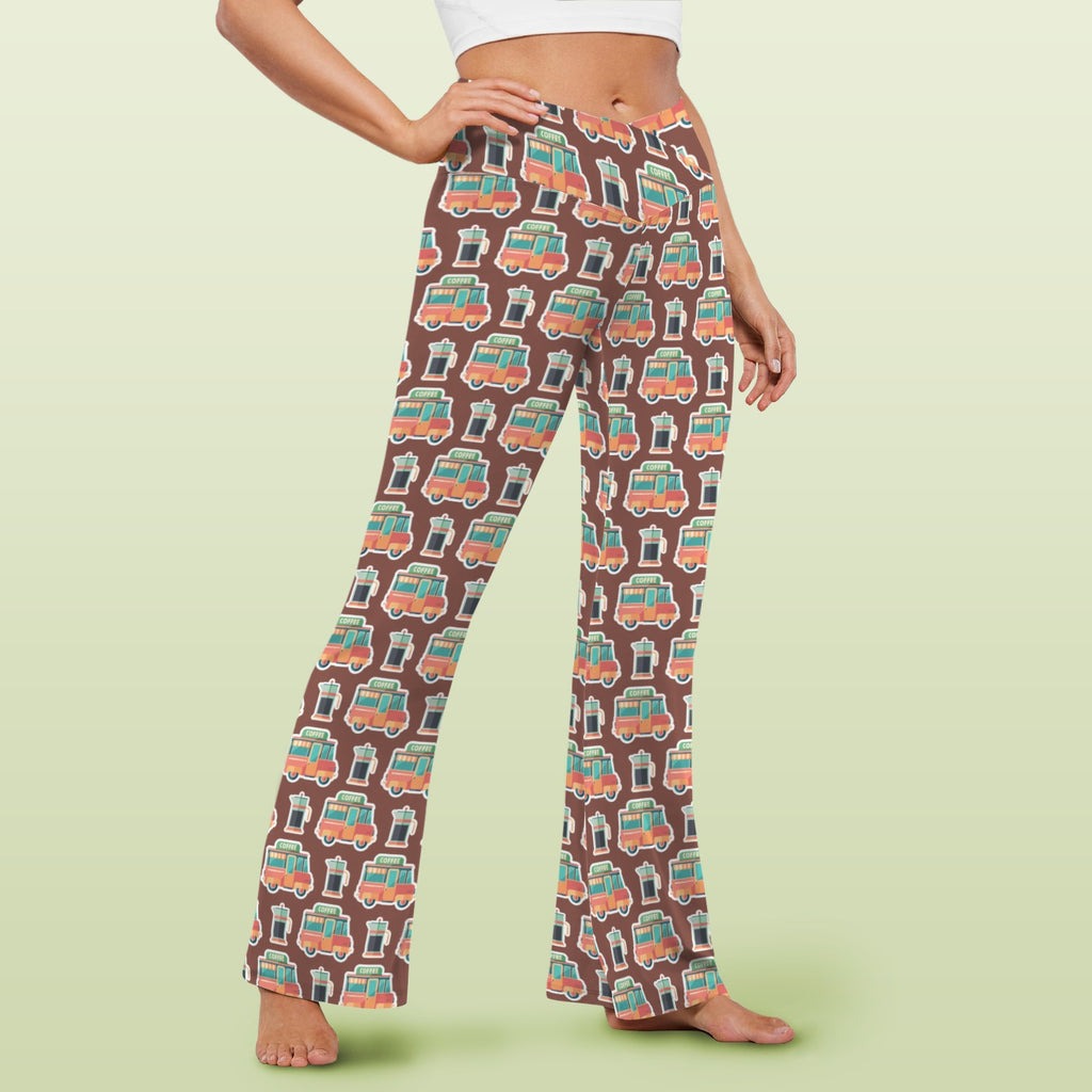 Coffee Van High Waist Crossover Tummy Control Flare Leggings High Waist Flare Leggings Coffee Printed Offshore