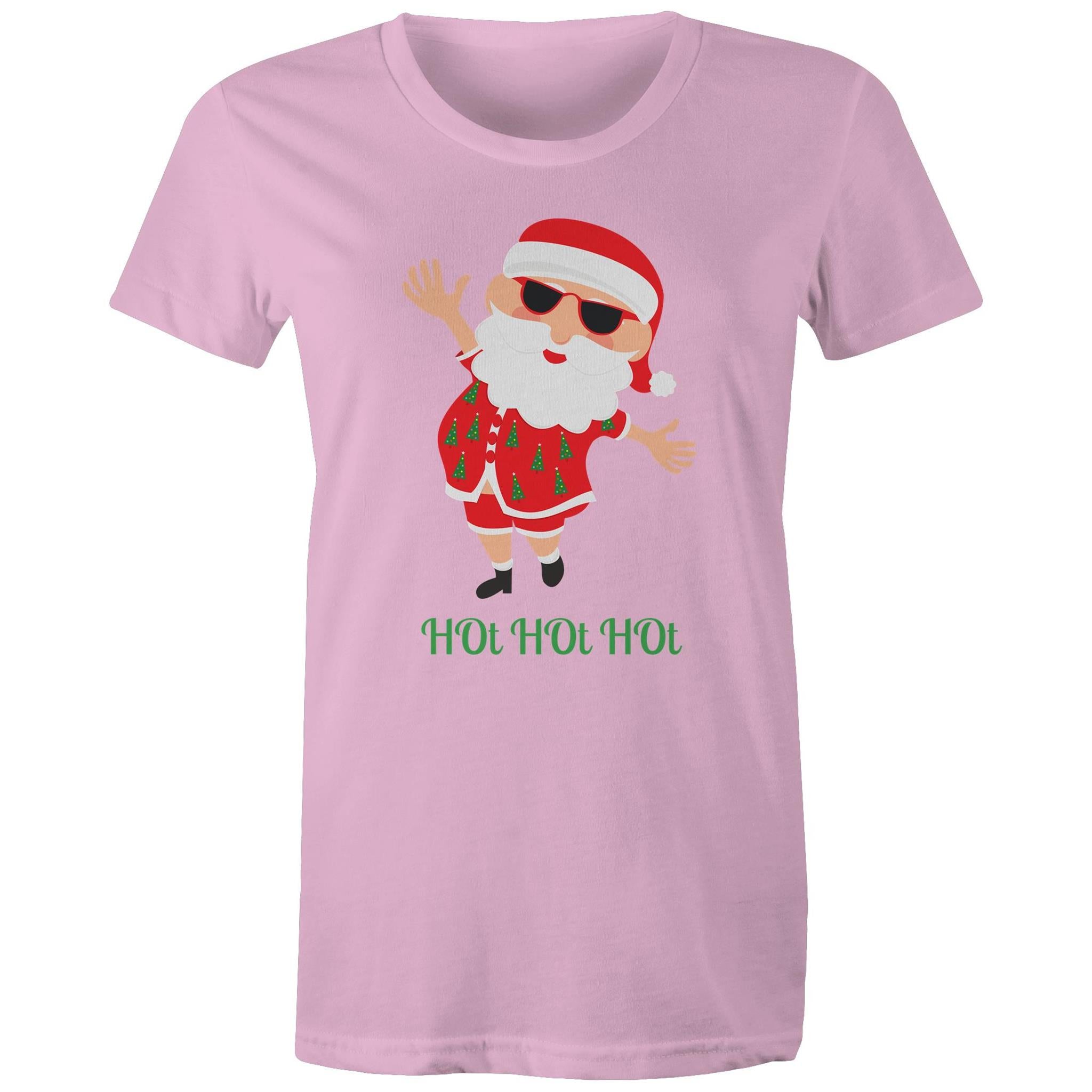 Summer Santa, Hot Hot Hot - Womens T-shirt Pink Womens Christmas T-shirt Christmas Printed In Australia