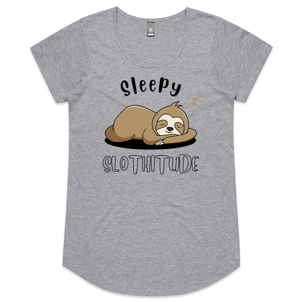 Sleepy Slothitude, Sloth - Womens Scoop Neck T-Shirt Grey Marle Womens Scoop Neck T-shirt animal Printed In Australia