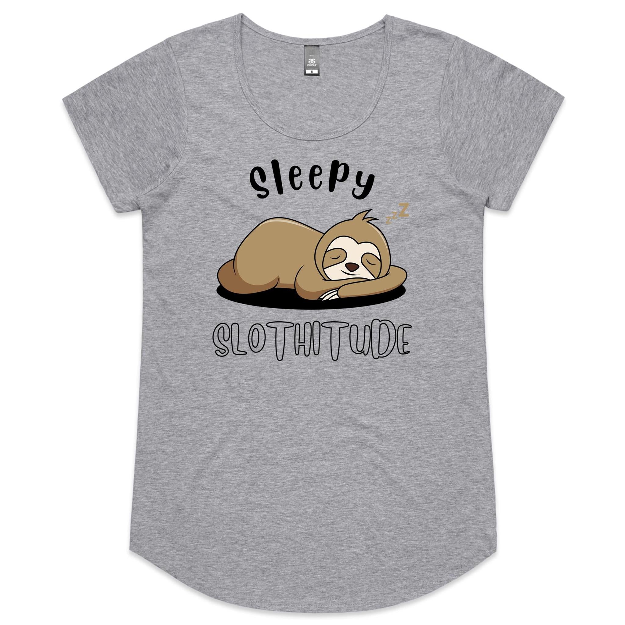 Sleepy Slothitude, Sloth - Womens Scoop Neck T-Shirt Grey Marle Womens Scoop Neck T-shirt animal Printed In Australia