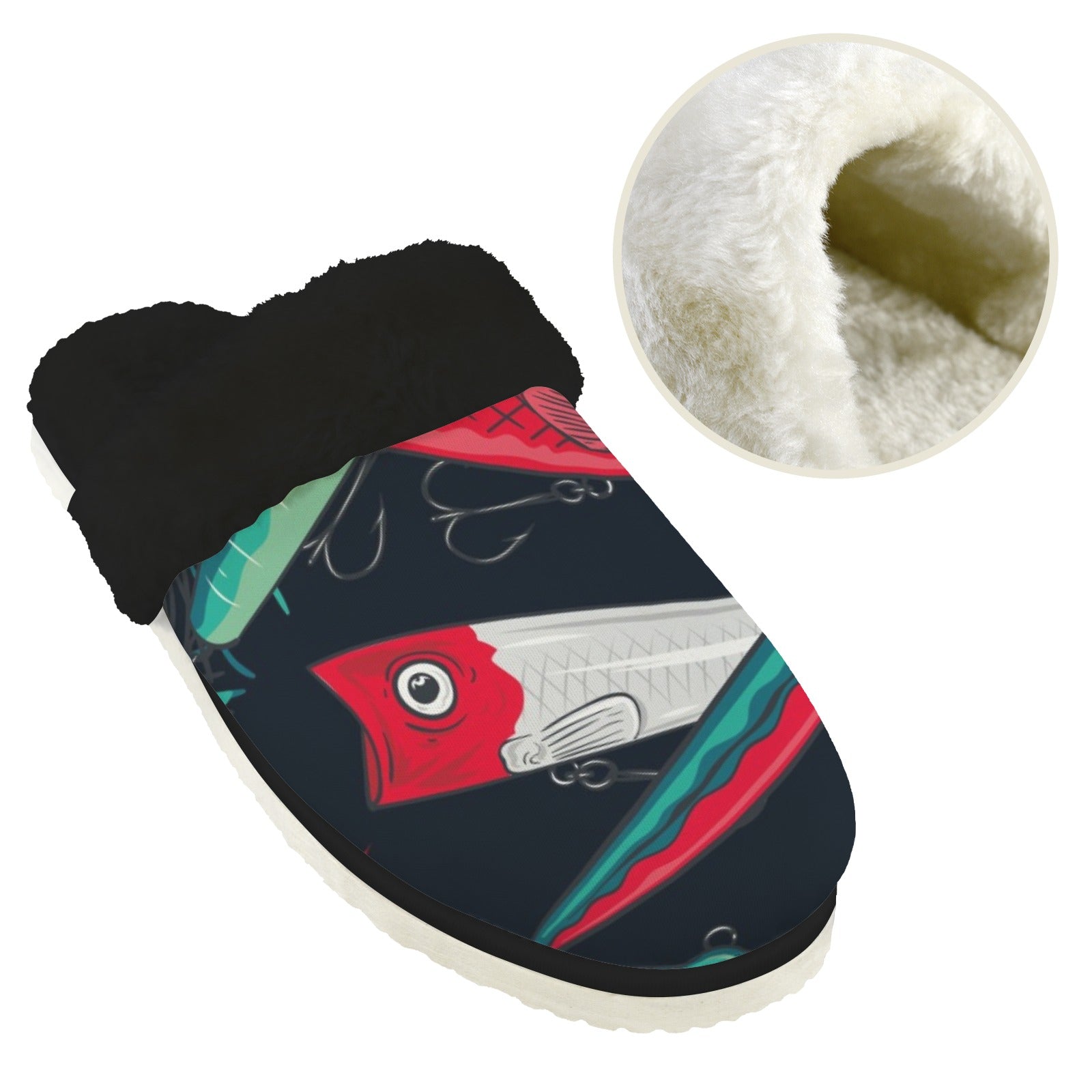 Fishing Lures Men's Fur Trim Thick-Sole Indoor Slippers Men's Fur Trimmed Slippers animal Ocean Printed Offshore