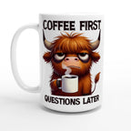 Personalise - Coffee First, Questions Later, Highland Cow - White 15oz Ceramic Mug Default Title Personalised 15oz Mug animal Coffee Globally Fulfilled