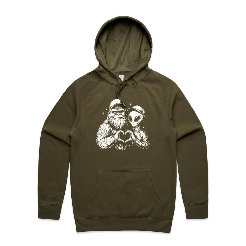 Alien Bigfoot Heart Hands - Mens Hoodie Army Mens Hoodie Love Printed In Australia Sci Fi