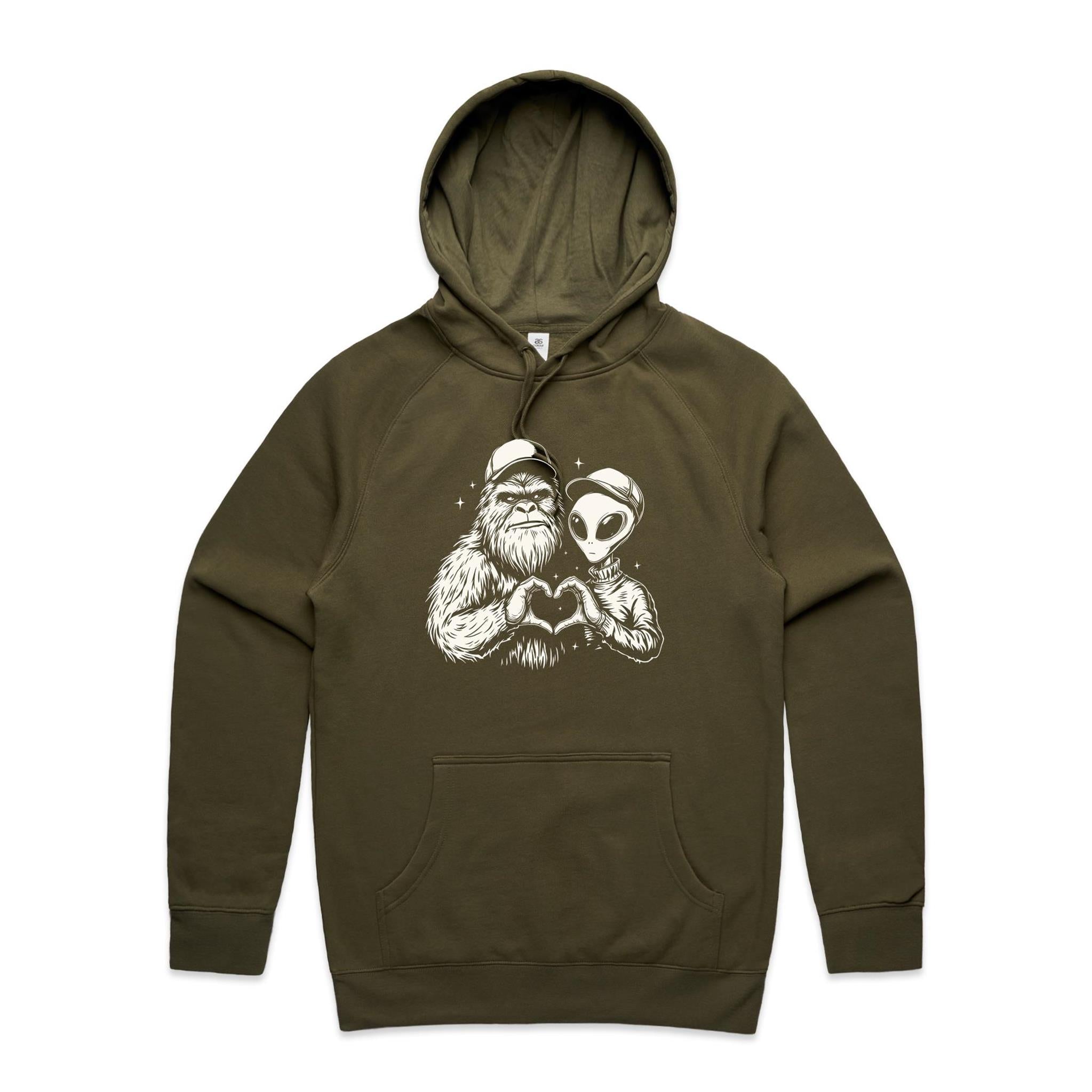 Alien Bigfoot Heart Hands - Mens Hoodie Army Mens Hoodie Love Printed In Australia Sci Fi