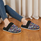 Graphic Flowers On Black Women's Fur Trim Thick-Sole Indoor Slippers Women's Fur Trimmed Slippers Plants Printed Offshore