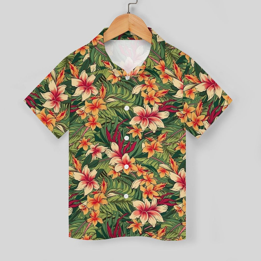 Vintage Hawaiian Floral Kids Youth Short Sleeve Button Up Shirt