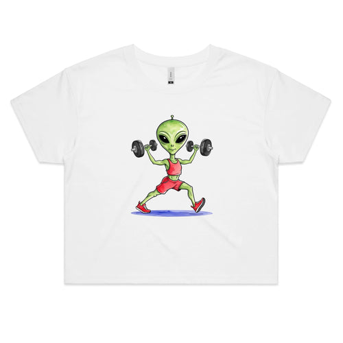 Alien Dumbbells Women's AS Colour Crop Tee White Womens Crop T-shirt Fitness Printed In Australia Sci Fi