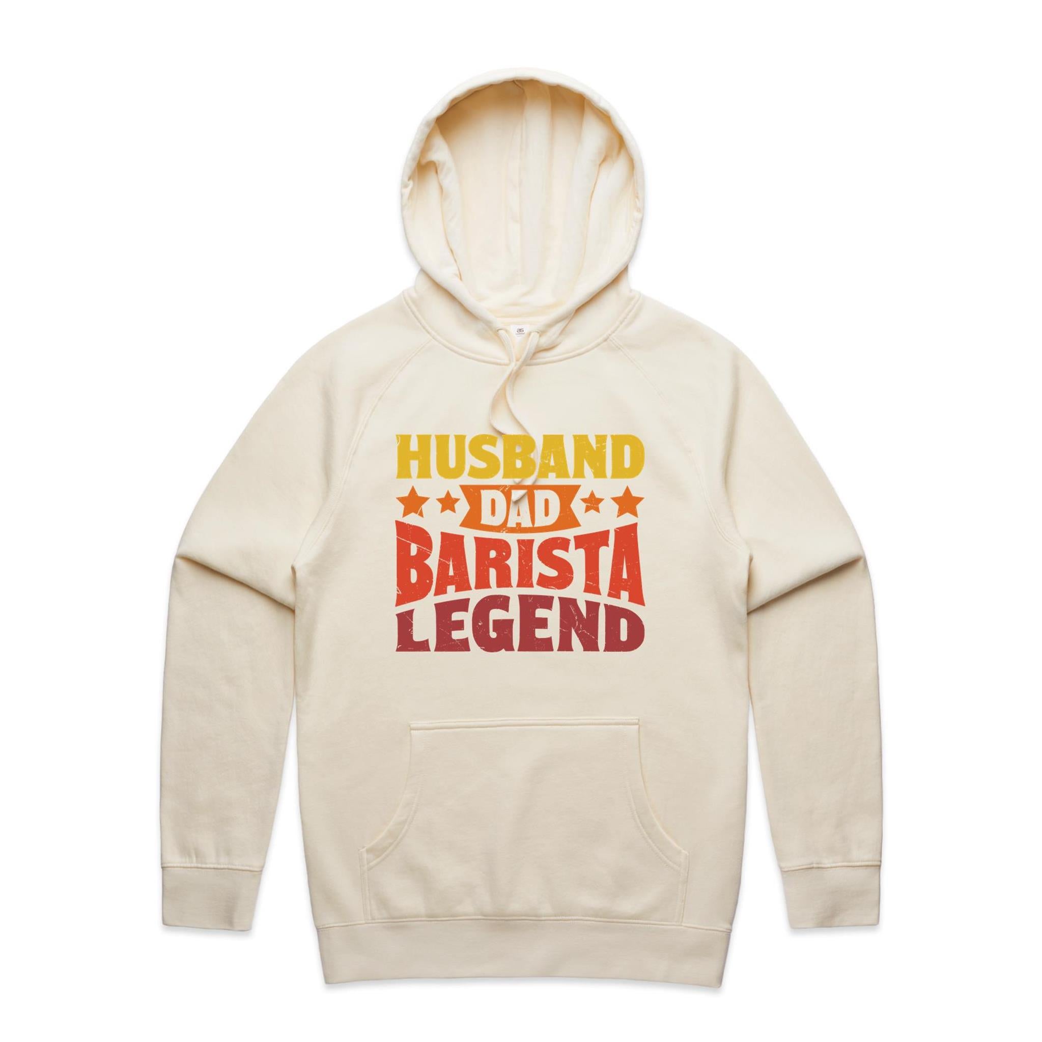 Husband, Dad Barista, Legend Men's AS Colour Hoodie Ecru Mens Hoodie Coffee Dad Printed In Australia