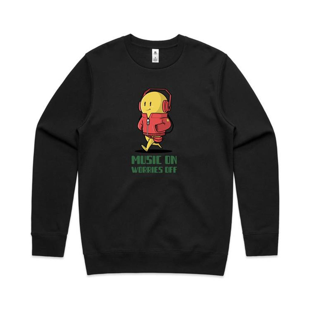 Music On, Worries Off - AS Colour Stencil Crew Black Sweatshirt Music Printed In Australia