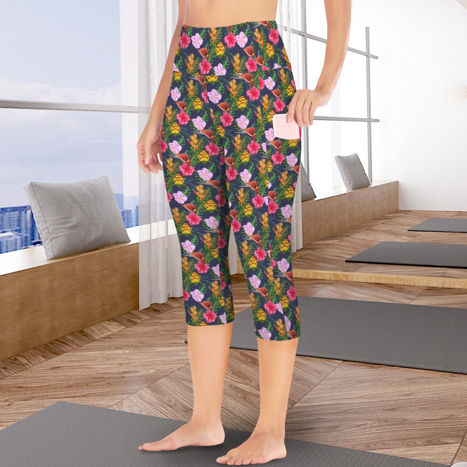 Tropical Floral - Women's High Waist Pocket Capri Yoga Leggings