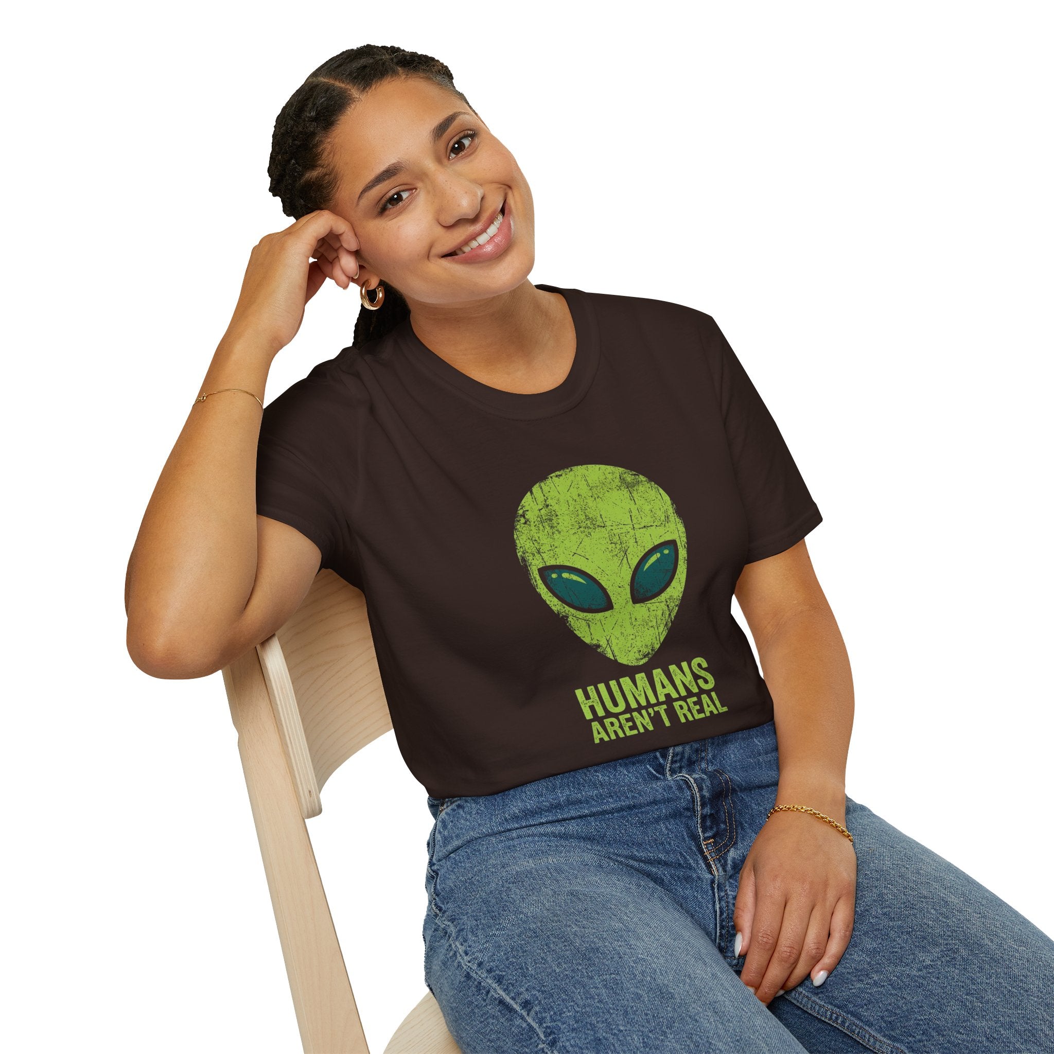 Green Alien Head Humans Aren't Real Unisex T-Shirt Unisex Adult T-shirt Globally Fulfilled Sci Fi