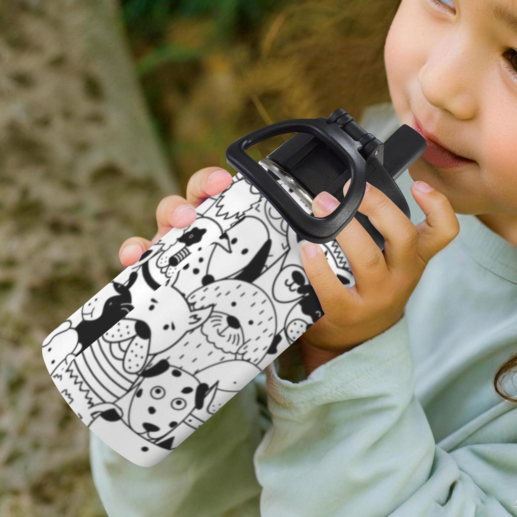 Black And White Dogs 12oz Kids Water Bottle with Straw Lid