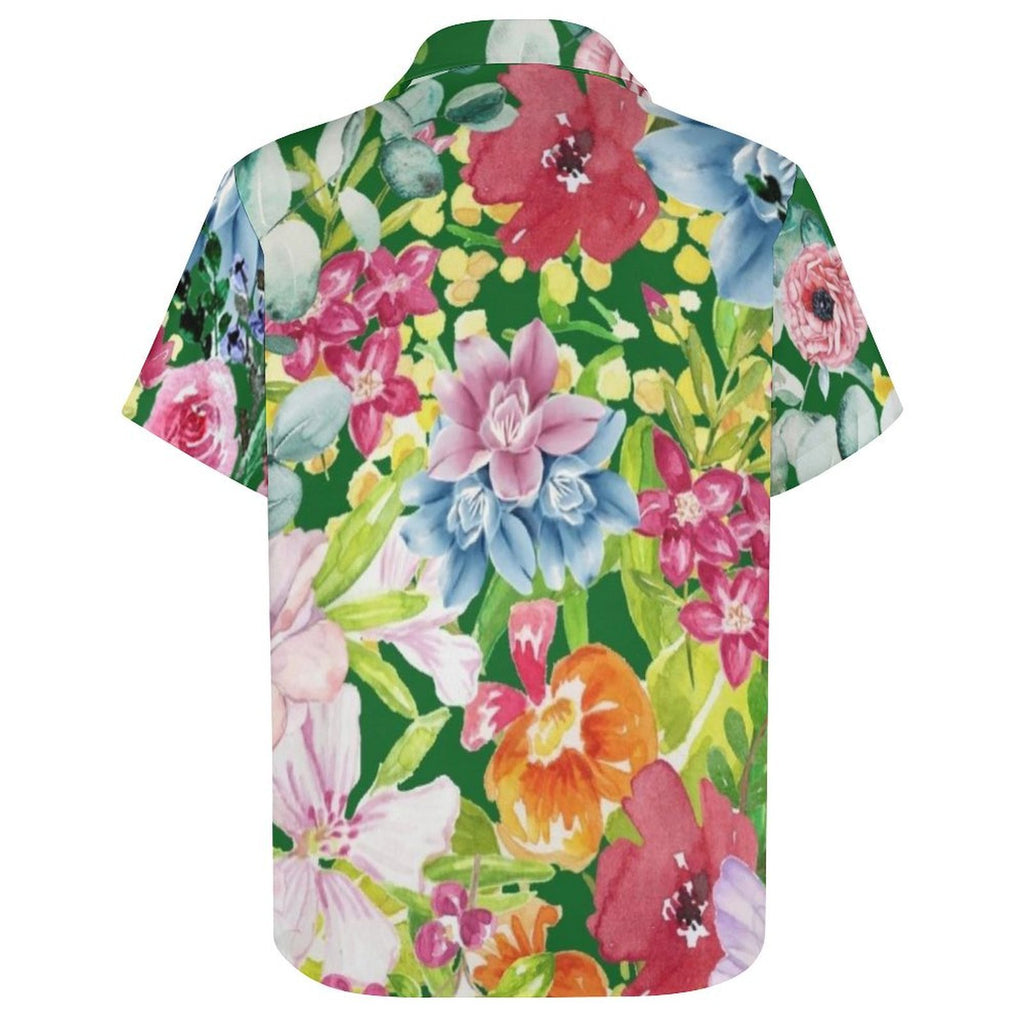 Bright Floral Women's Collared Pocketless Short Sleeve Shirt