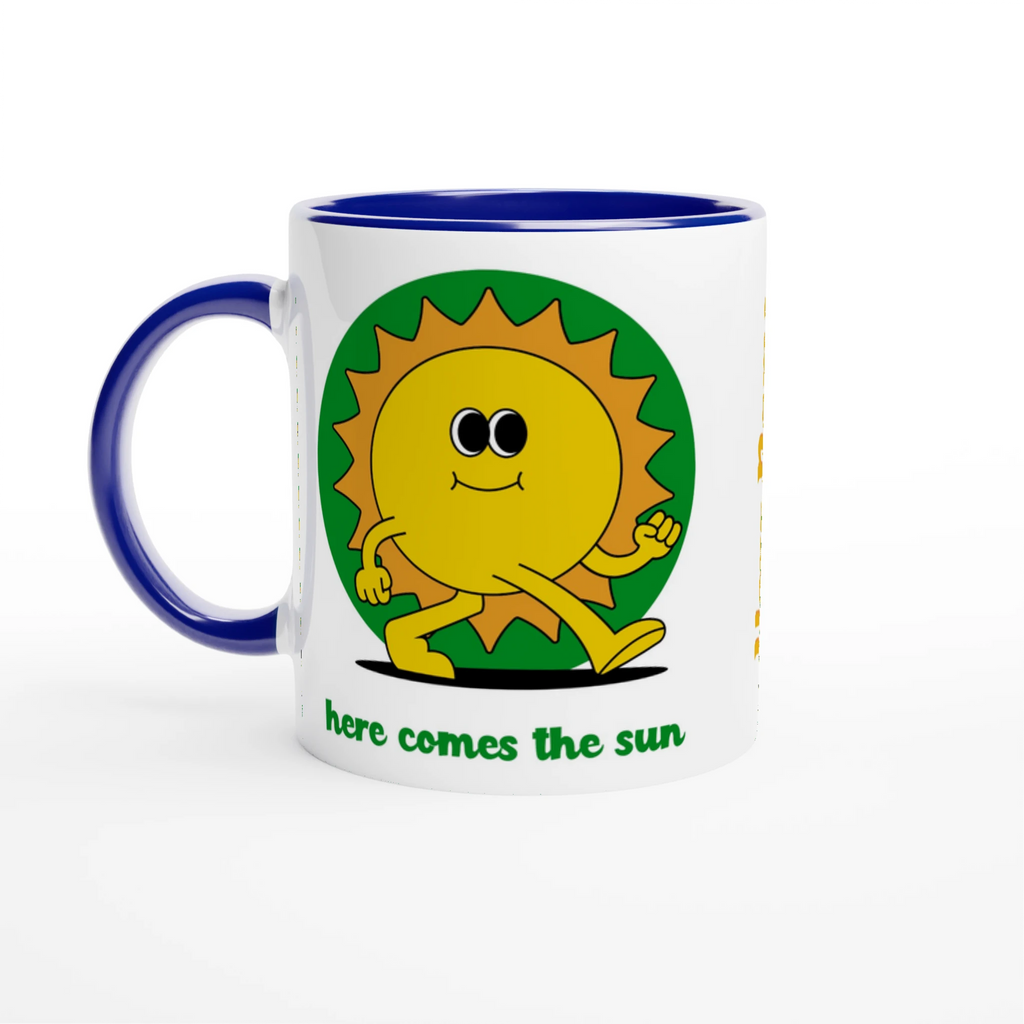 Personalised - Here Comes The Sun - White 11oz Ceramic Mug with Colour Inside Ceramic Blue Personalised 11oz Mug customise Globally Fulfilled personalise Retro Summer