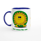 Personalised - Here Comes The Sun - White 11oz Ceramic Mug with Colour Inside Ceramic Blue Personalised 11oz Mug customise Globally Fulfilled personalise Retro Summer
