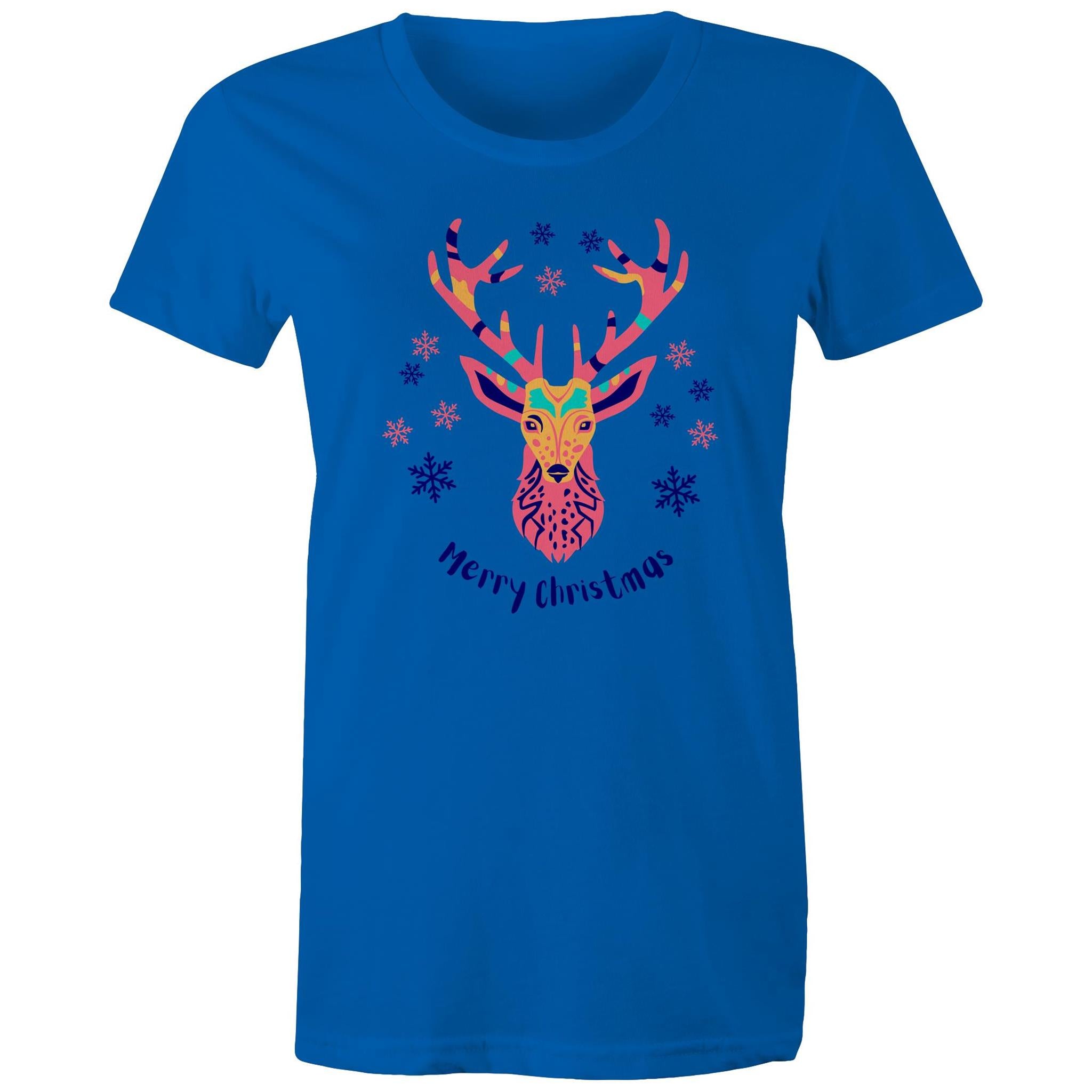 Merry Christmas Deer - Womens T-shirt Bright Royal Womens Christmas T-shirt Christmas Printed In Australia