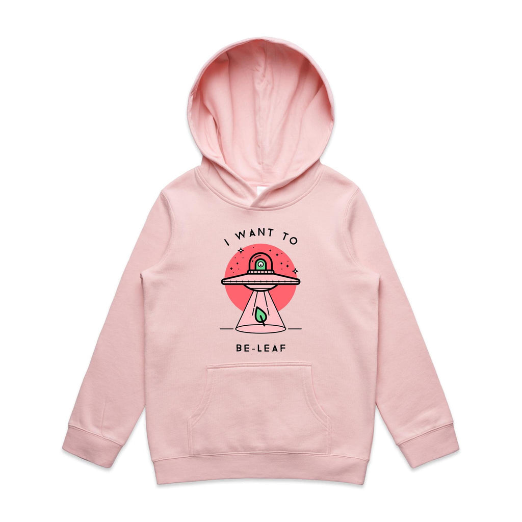 UFO, I Want To Be-Leaf - Kids Hoodie Pink Kids Hoodie Printed In Australia
