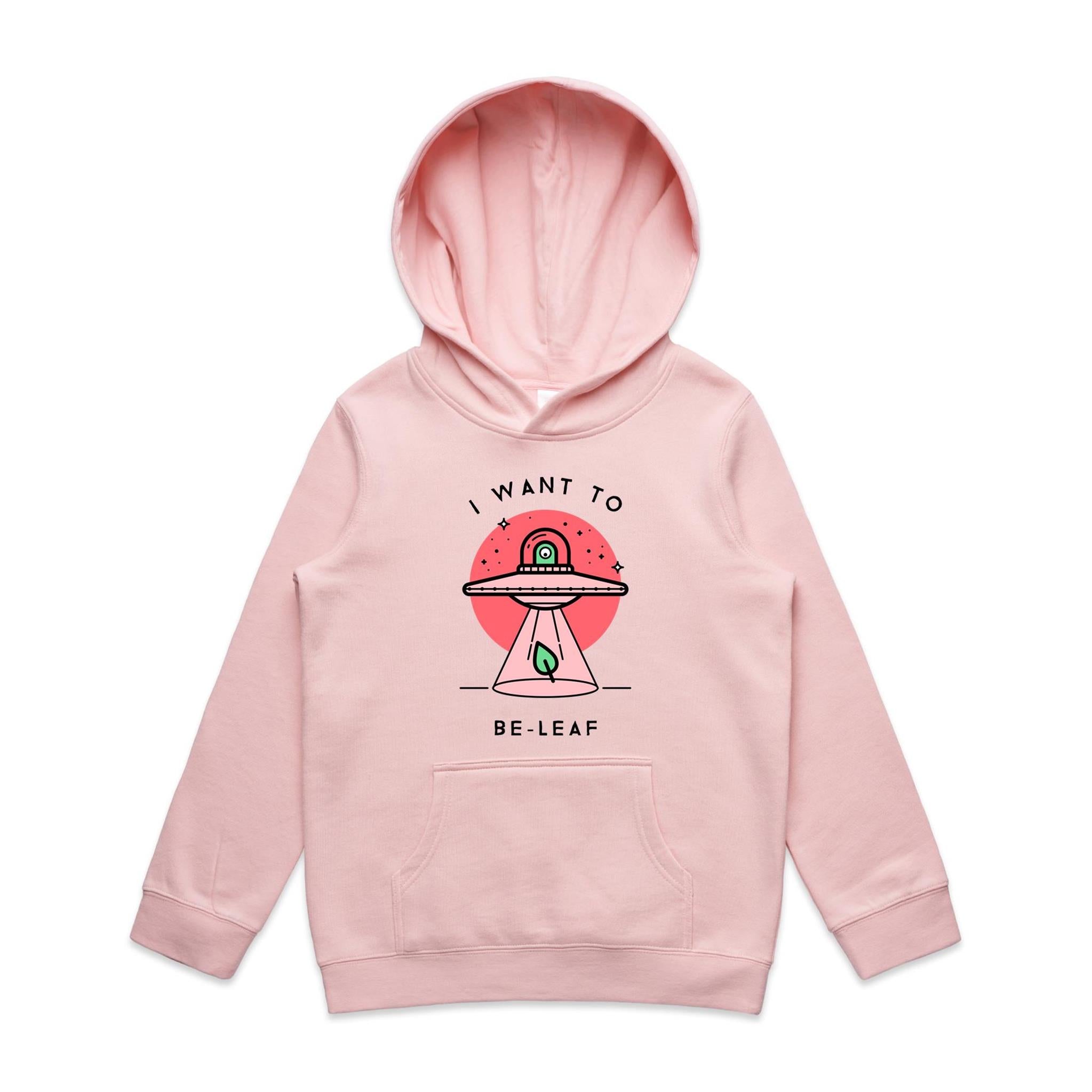 UFO, I Want To Be-Leaf - Kids Hoodie Pink Kids Hoodie Printed In Australia