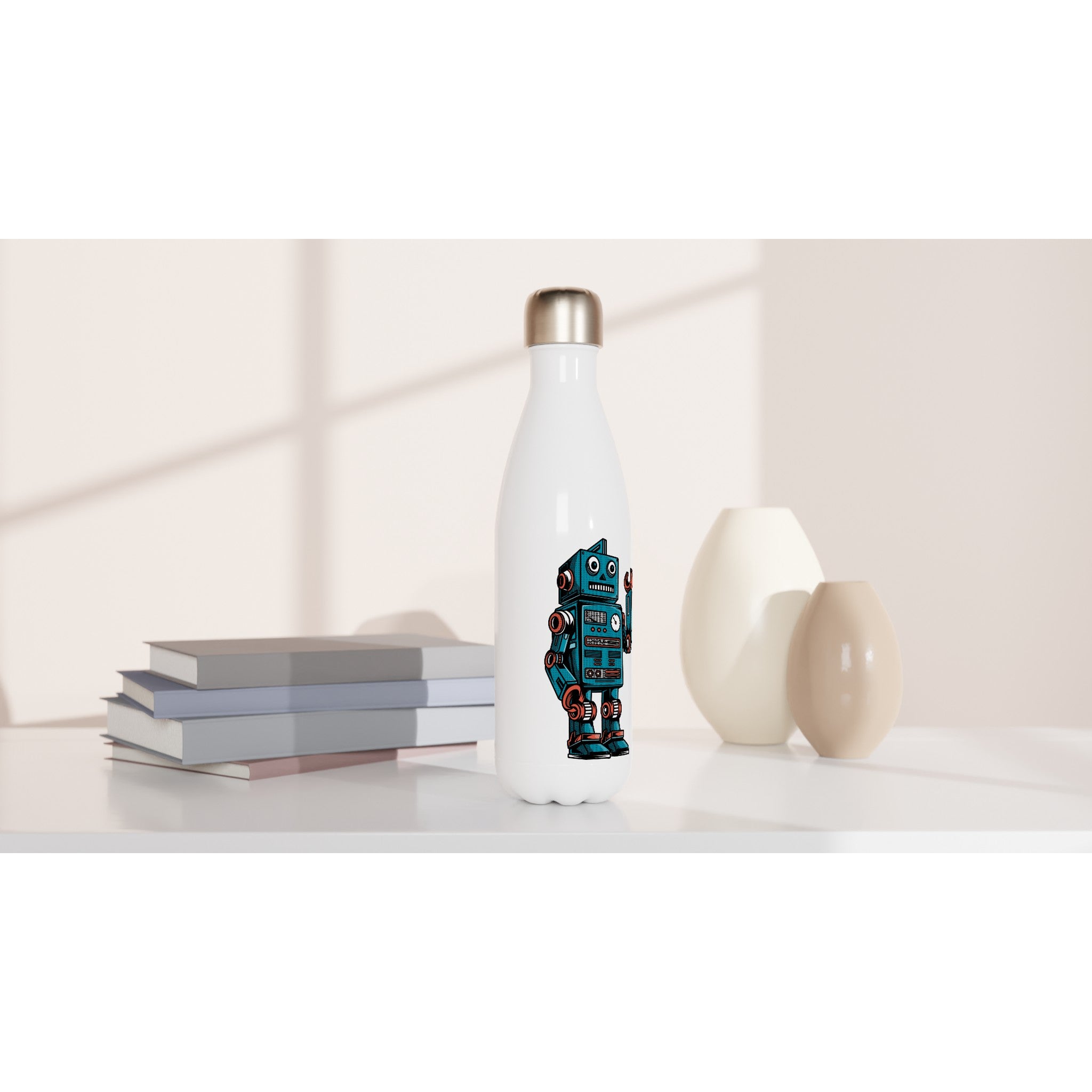 Robot - White 17oz Stainless Steel Water Bottle White Water Bottle Globally Fulfilled Sci Fi