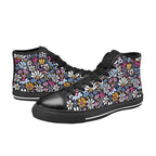 Graphic Flowers On Black Kids High Top Canvas Shoes