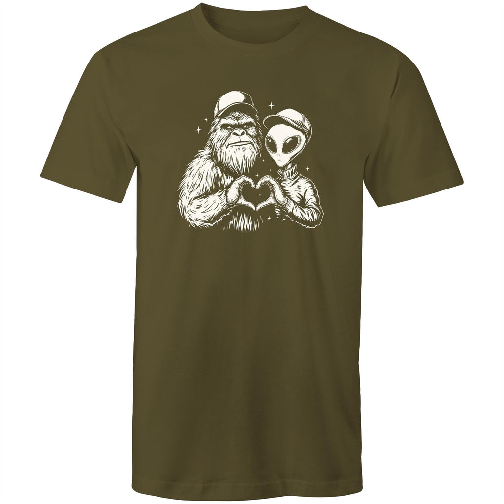 Alien Bigfoot Heart Hands - Mens T-Shirt Army Green Mens T-shirt Love Printed In Australia Sci Fi