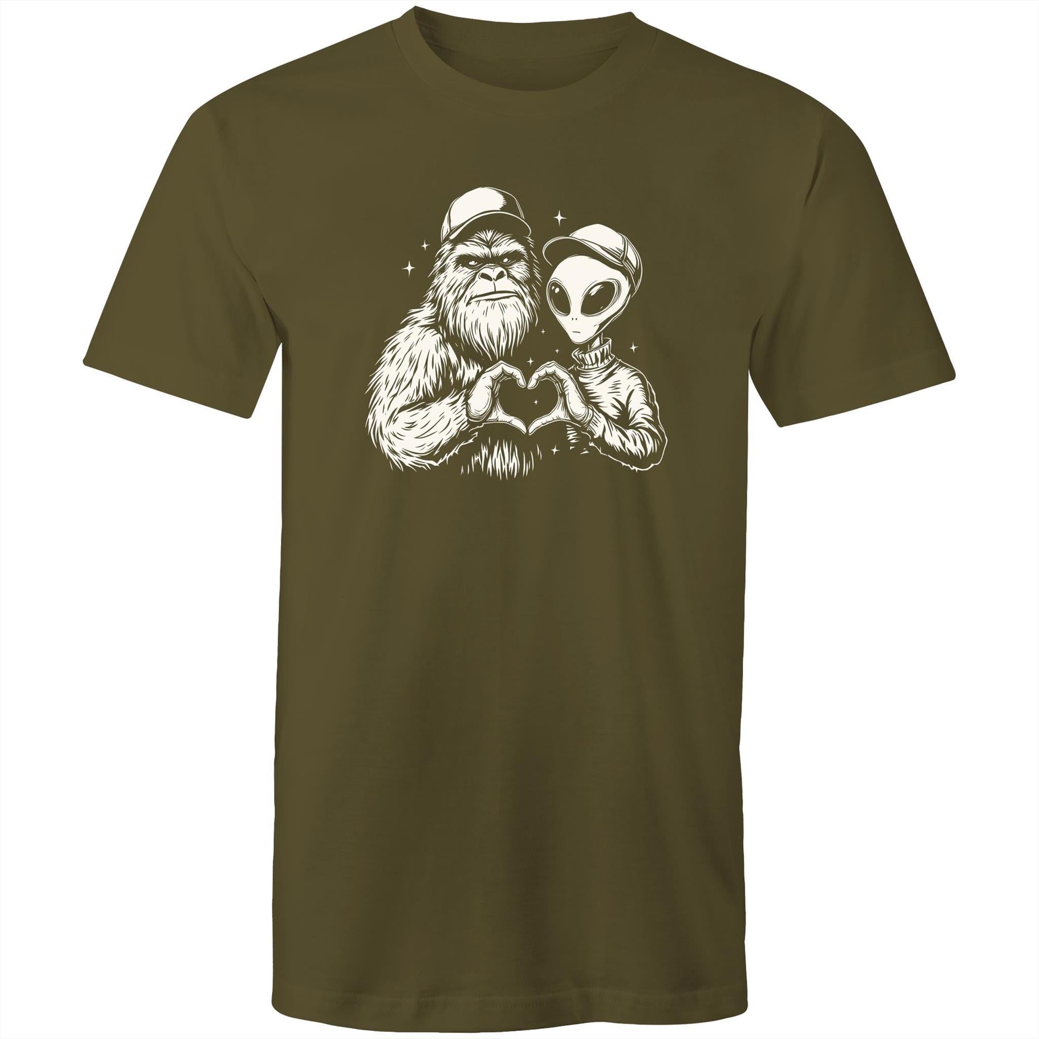 Alien Bigfoot Heart Hands - Mens T-Shirt Army Green Mens T-shirt Love Printed In Australia Sci Fi