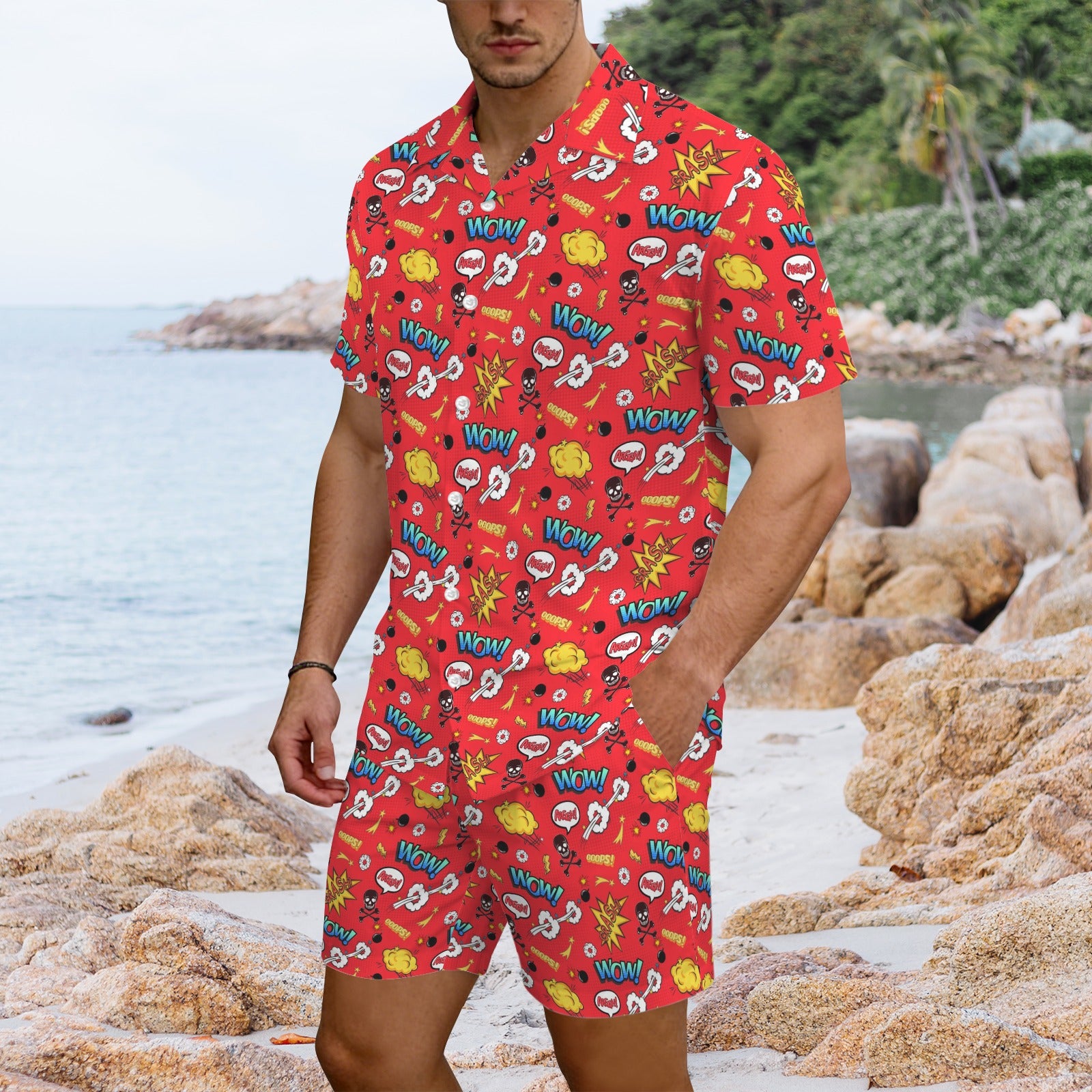 Comic Book Red Men's Hawaiian Shirt & Shorts Set Men's Hawaiian Shirt & Shorts Set comic Printed Offshore