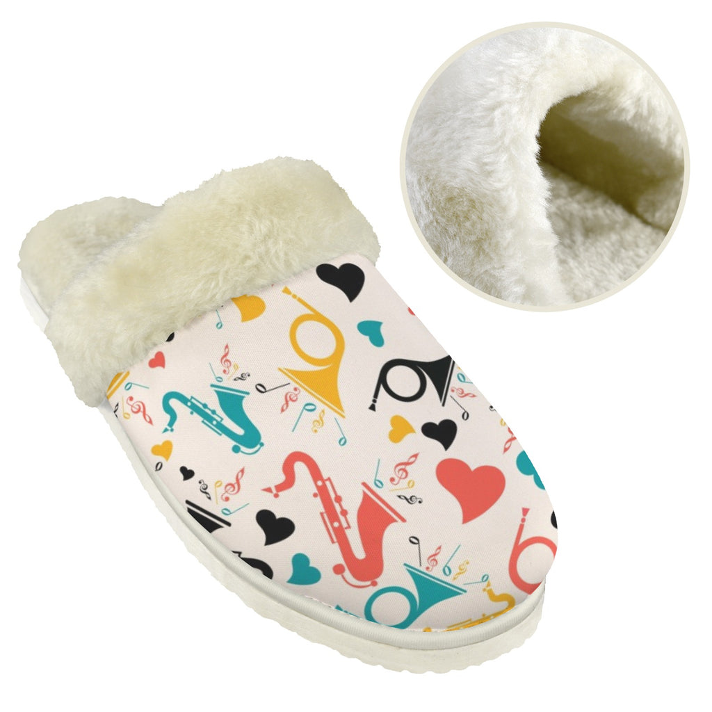 Brass Musical Instruments Men's Fur Trim Thick-Sole Indoor Slippers Men's Fur Trimmed Slippers Music Printed Offshore