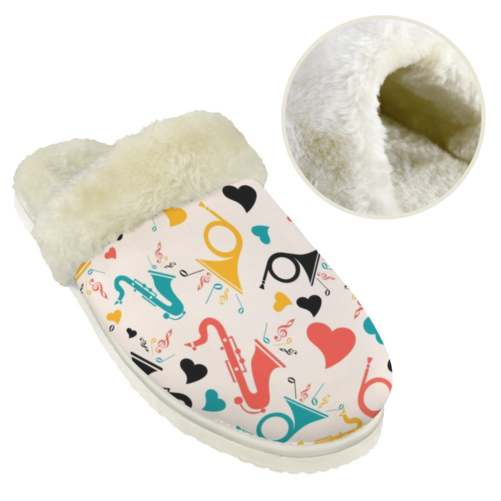 Brass Musical Instruments Men's Fur Trim Thick-Sole Indoor Slippers Men's Fur Trimmed Slippers Music Printed Offshore