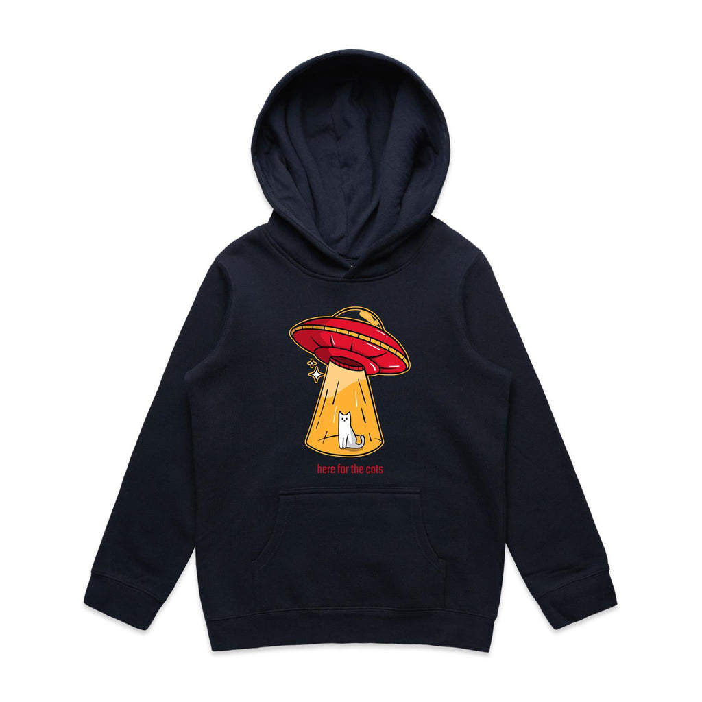 UFO, Here For The Cats - Kids Hoodie Navy Kids Hoodie Printed In Australia