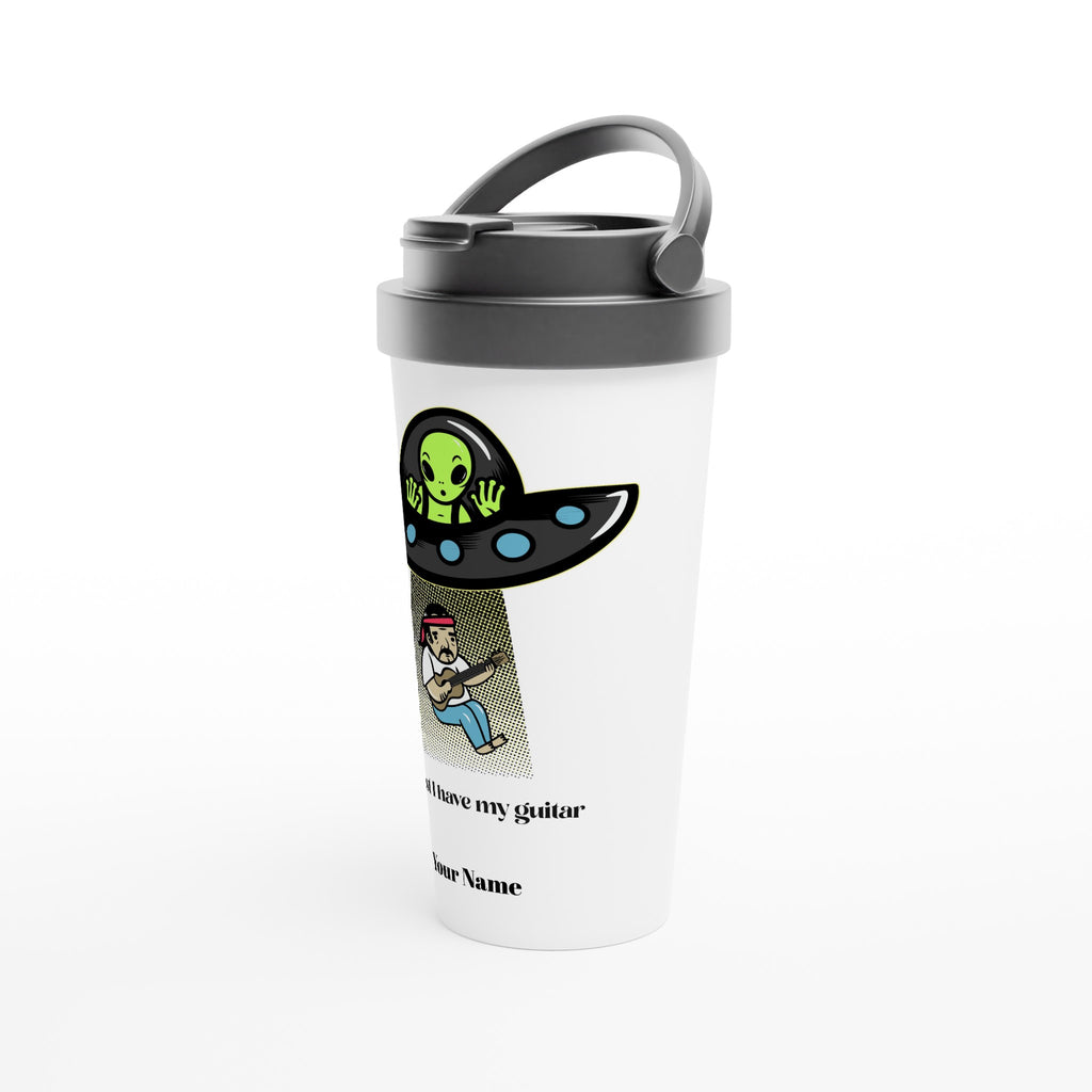 Personalised - Guitarist Alien Abduction - White 15oz Stainless Steel Travel Mug Personalised Travel Mug funny Globally Fulfilled Music Sci Fi