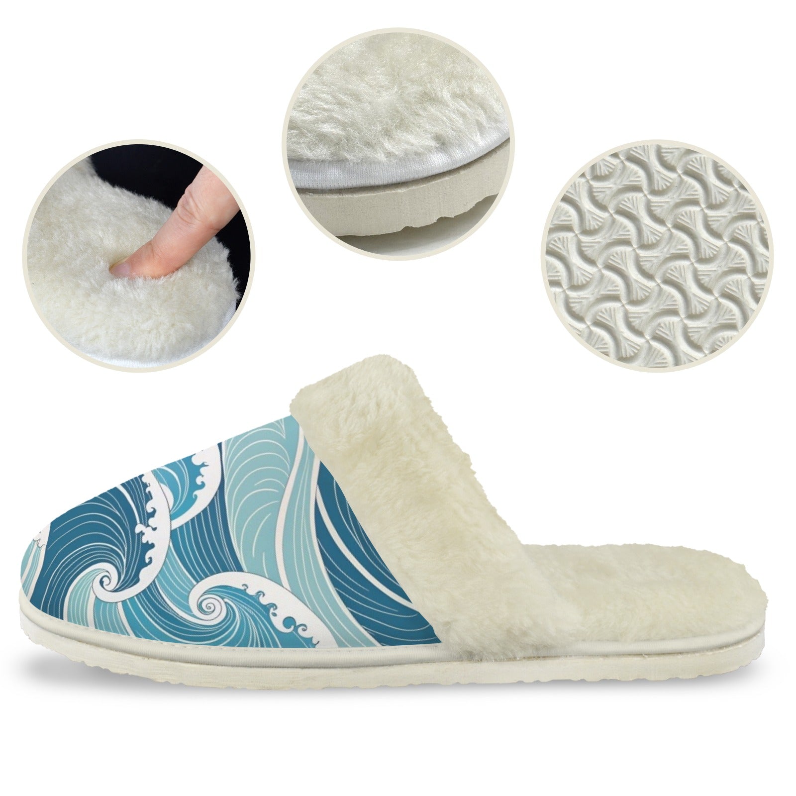 Ocean Waves - Men's Fur Trim Thick-Sole Indoor Slippers Men's Fur Trimmed Slippers Ocean Printed Offshore Surf