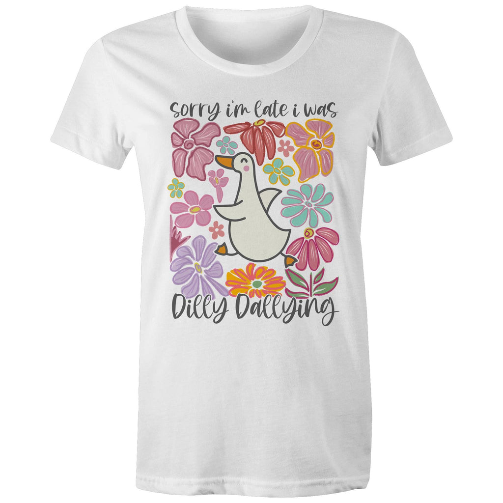 Sorry I'm Late, I Was Dilly Dallying - Womens T-shirt White Womens T-shirt animal Printed In Australia