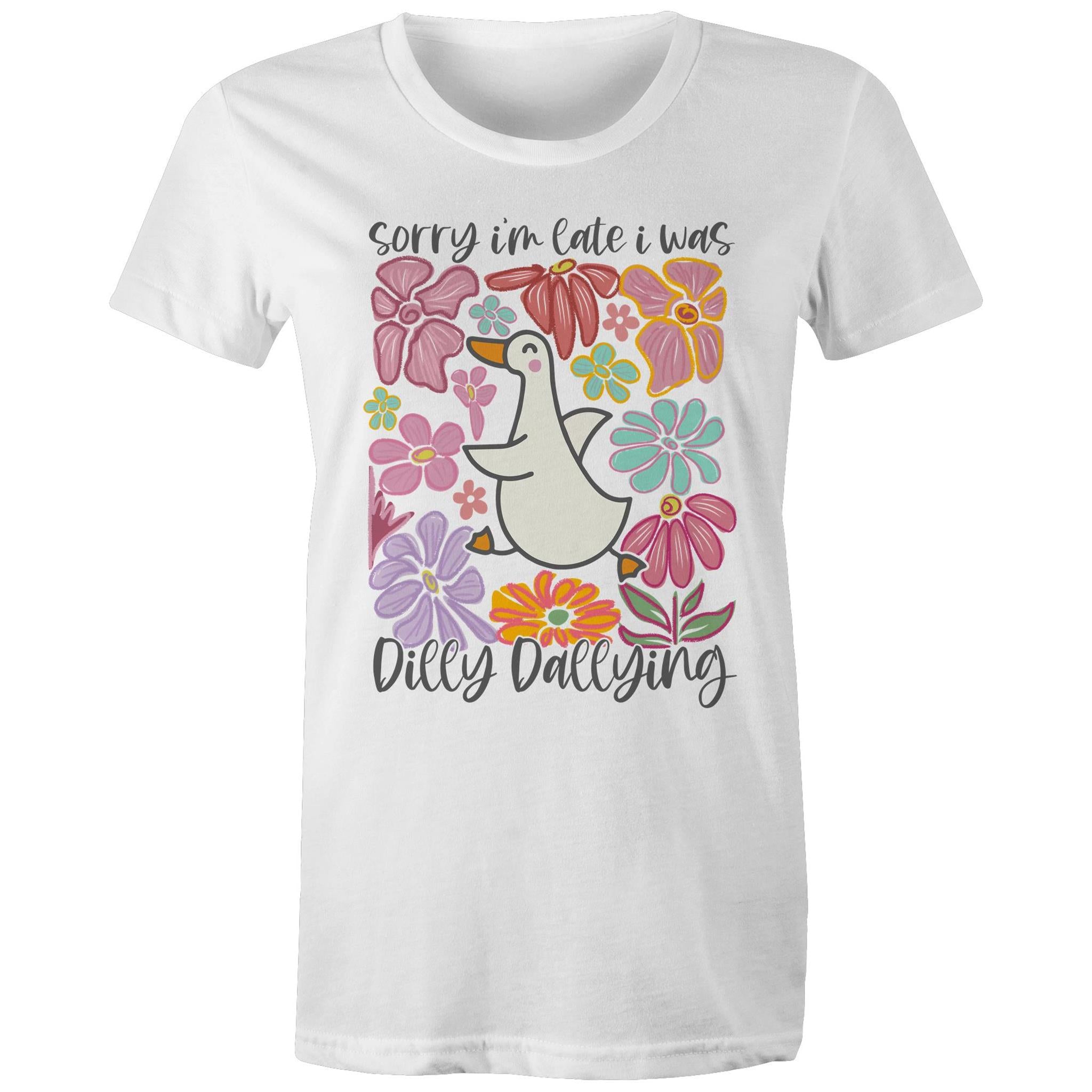 Sorry I'm Late, I Was Dilly Dallying - Womens T-shirt White Womens T-shirt animal Printed In Australia