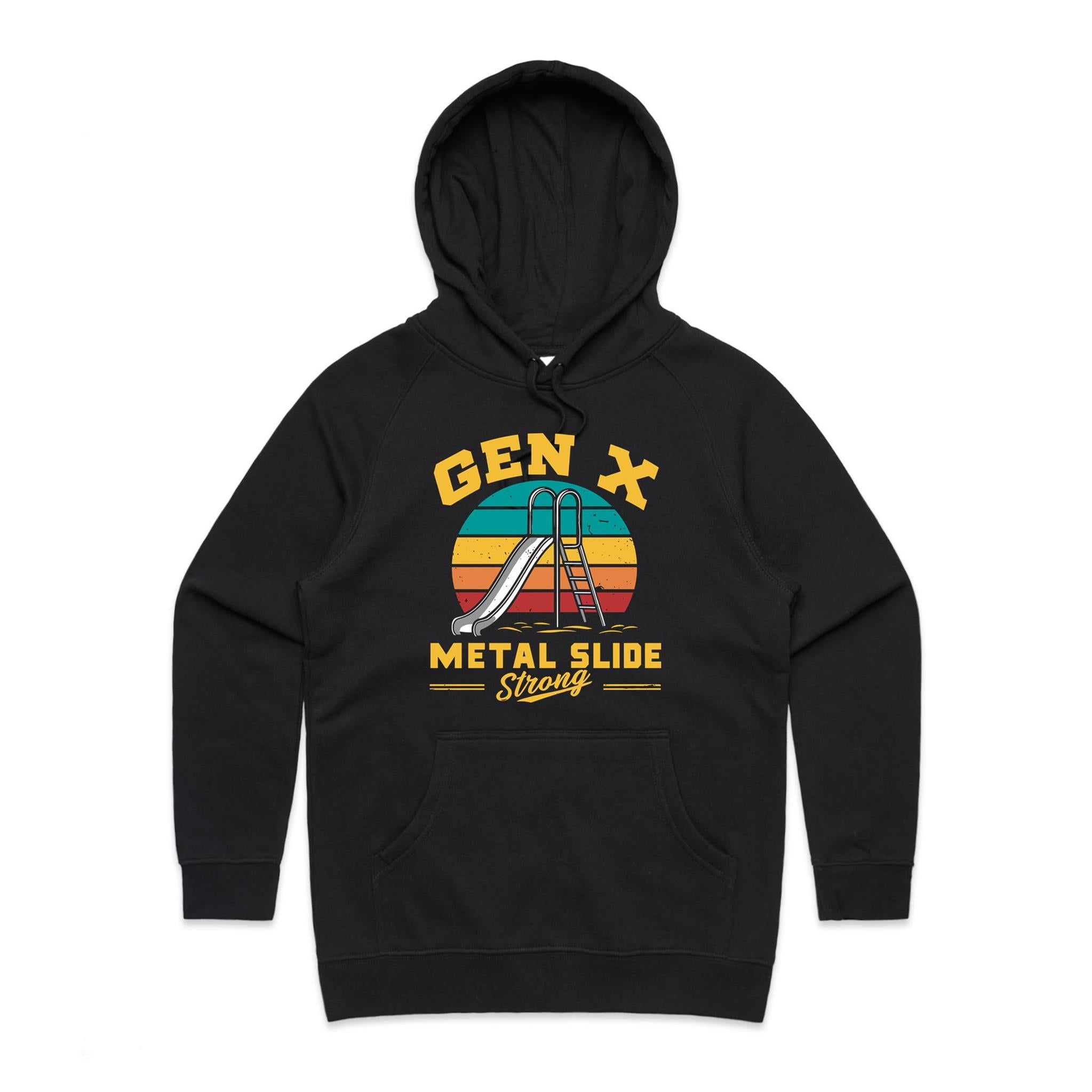 Gen X, Metal Slide Strong - Womens Hoodie Black Womens Hoodie Printed In Australia
