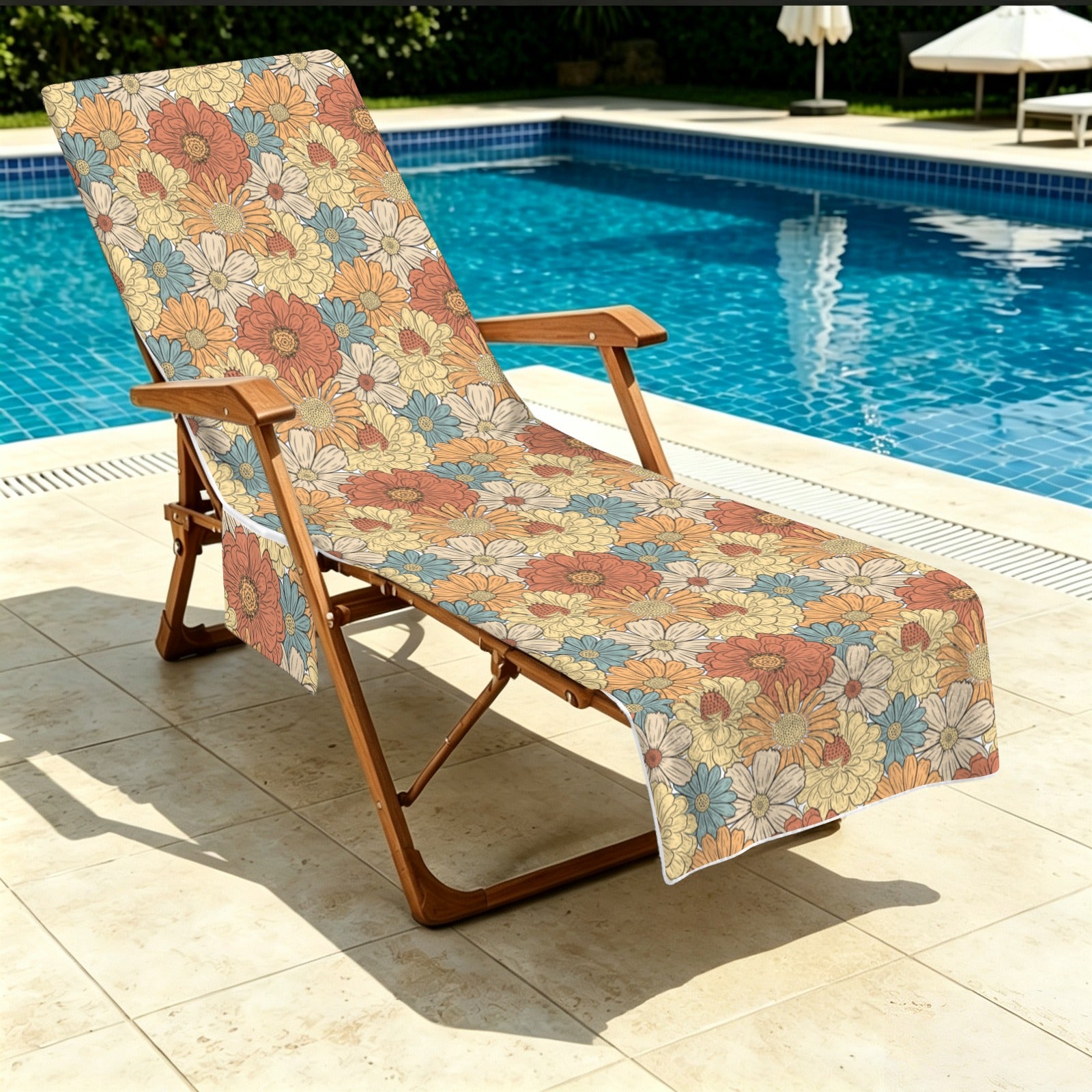 Vintage Retro Floral Beach Chair Towel Cover with Side Pockets