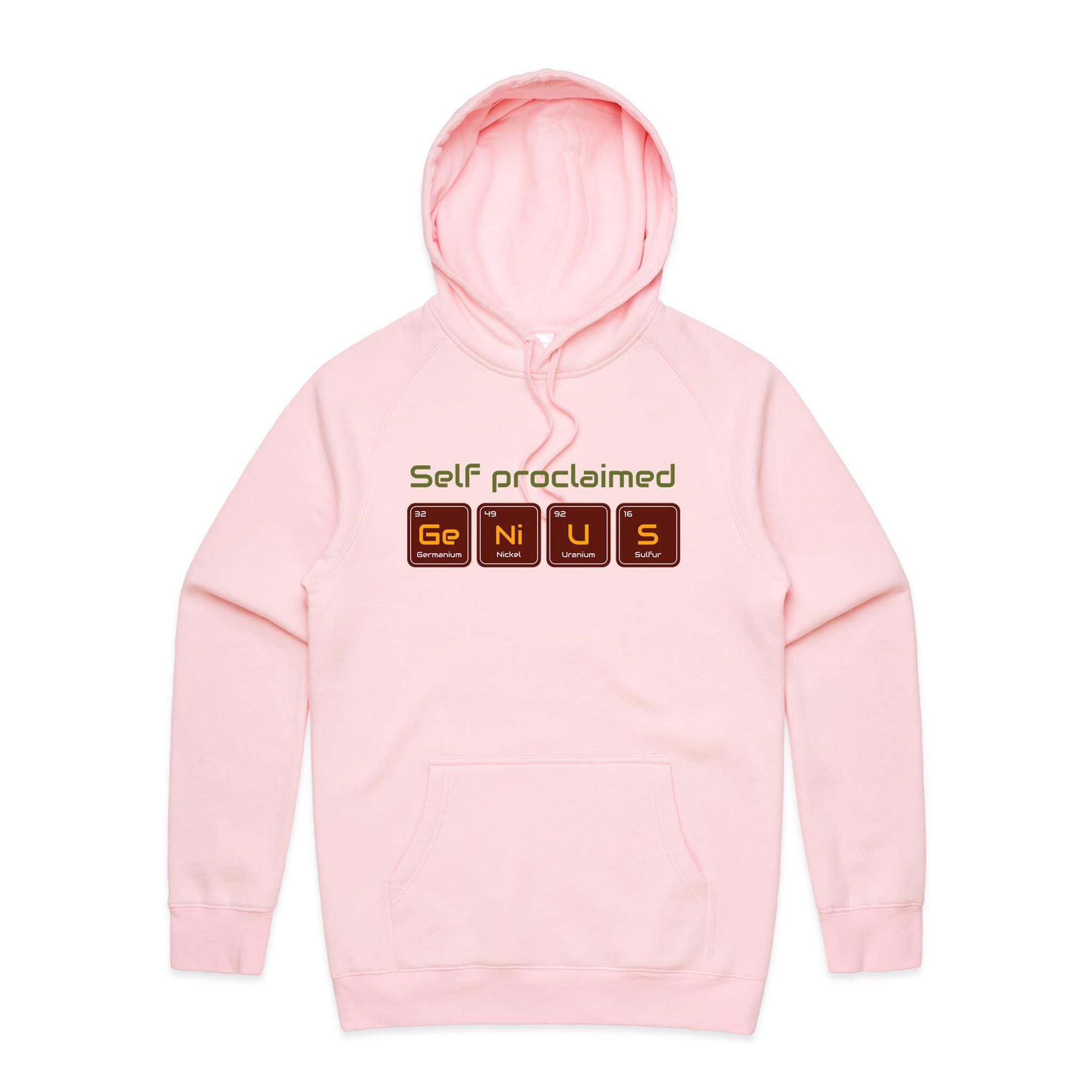 Self Proclaimed Genius - Mens Hoodie Pink Mens Hoodie Printed In Australia Science
