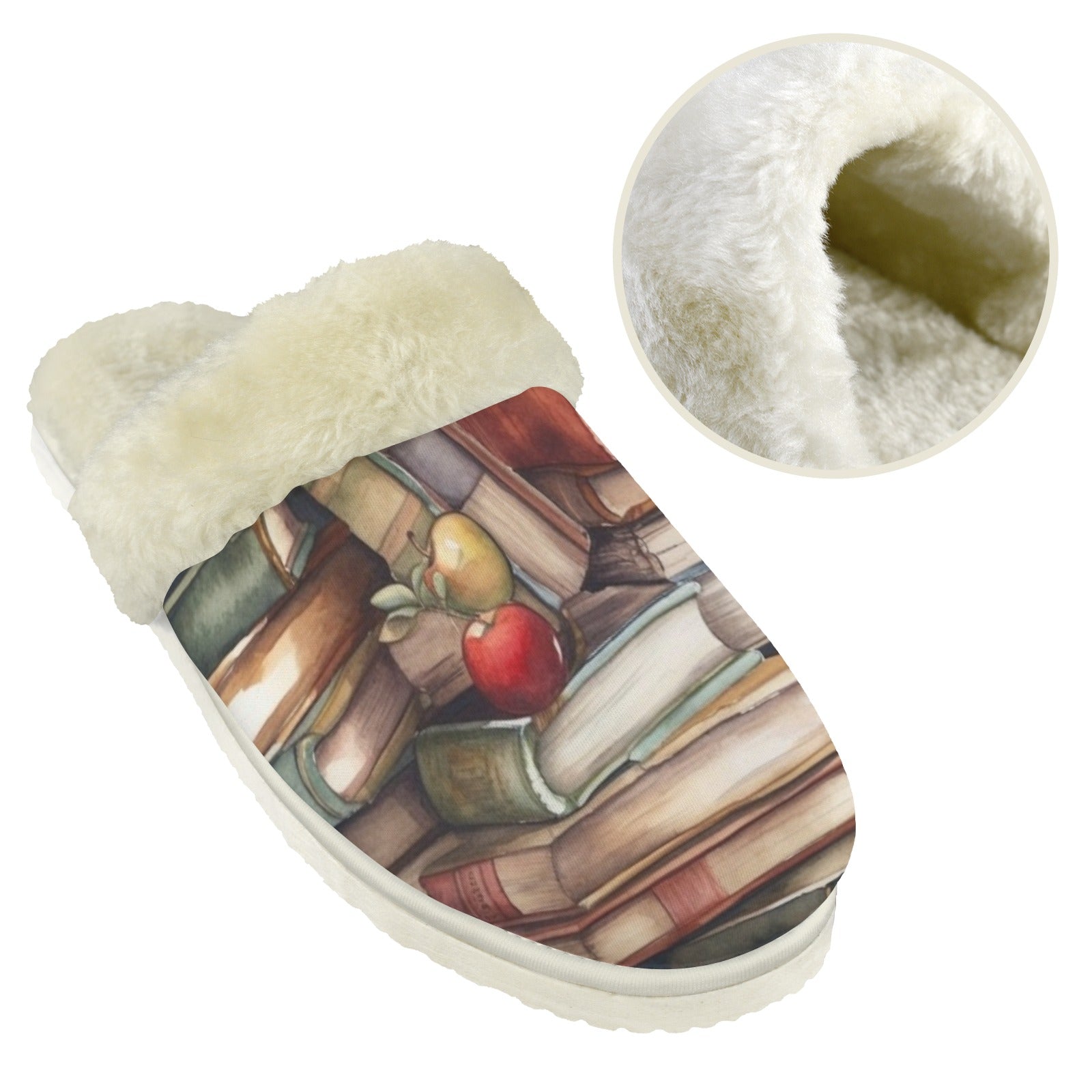 Watercolour Books Women's Fur Trim Thick-Sole Indoor Slippers Women's Fur Trimmed Slippers Printed Offshore Reading