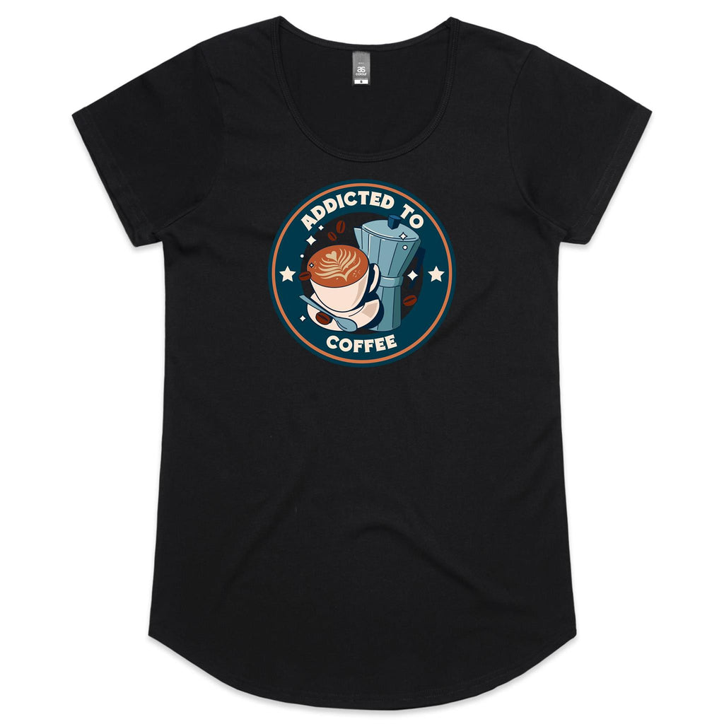 Addicted To Coffee - Womens Scoop Neck T-Shirt Black Womens Scoop Neck T-shirt Coffee Printed In Australia