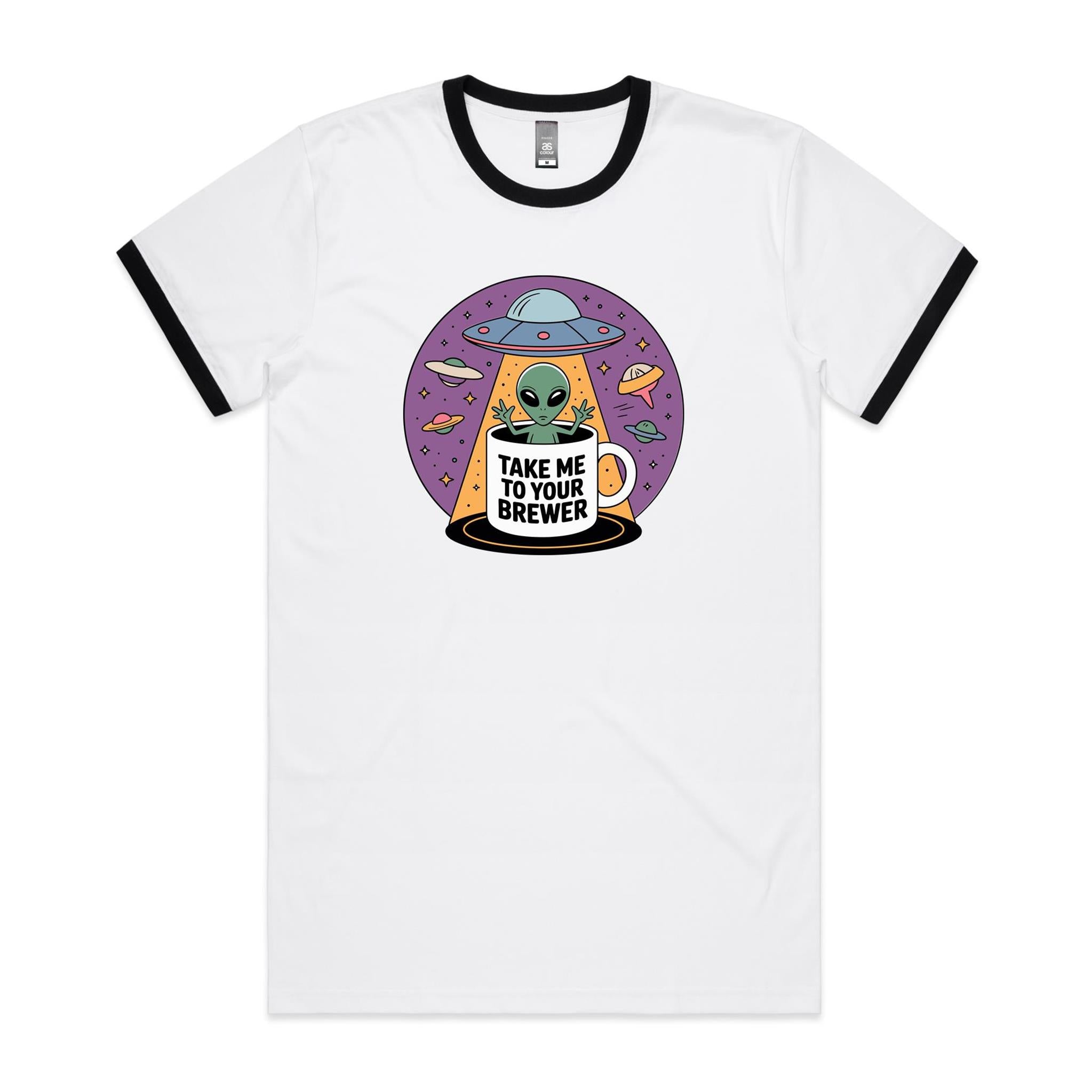 Coffee, Alien, UFO, Take Me To Your Brewer AS Colour Staple Ringer Tee White Black Ringer T-Shirt Coffee Printed In Australia Sci Fi
